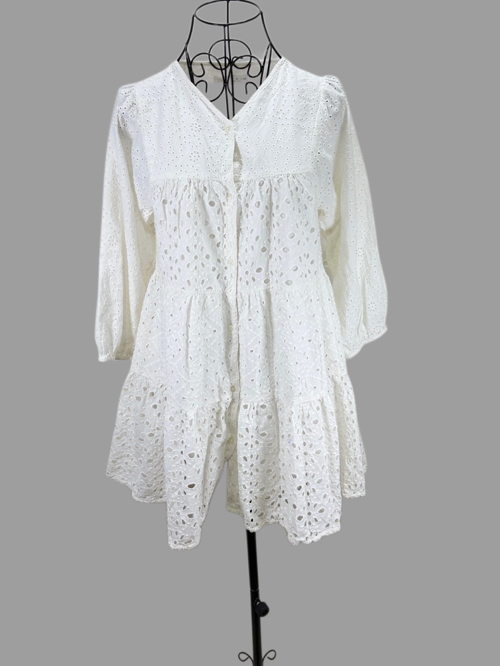 Zara White Eyelet Tiered Dress Women’s Size 10 Boho Cotton